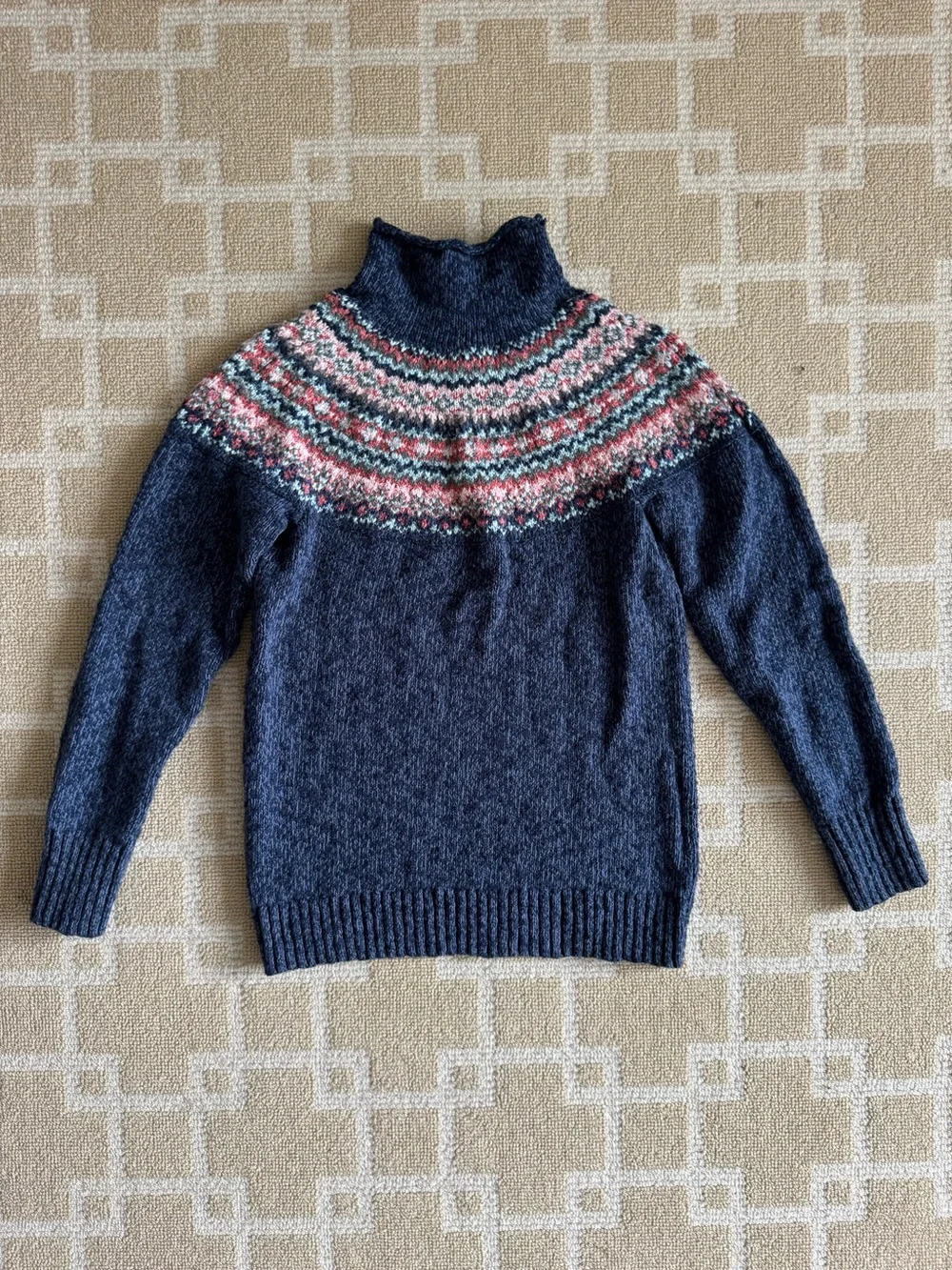 L.L. Bean Cotton Fair Isle Mock Turtleneck Sweater Navy Nordic XS